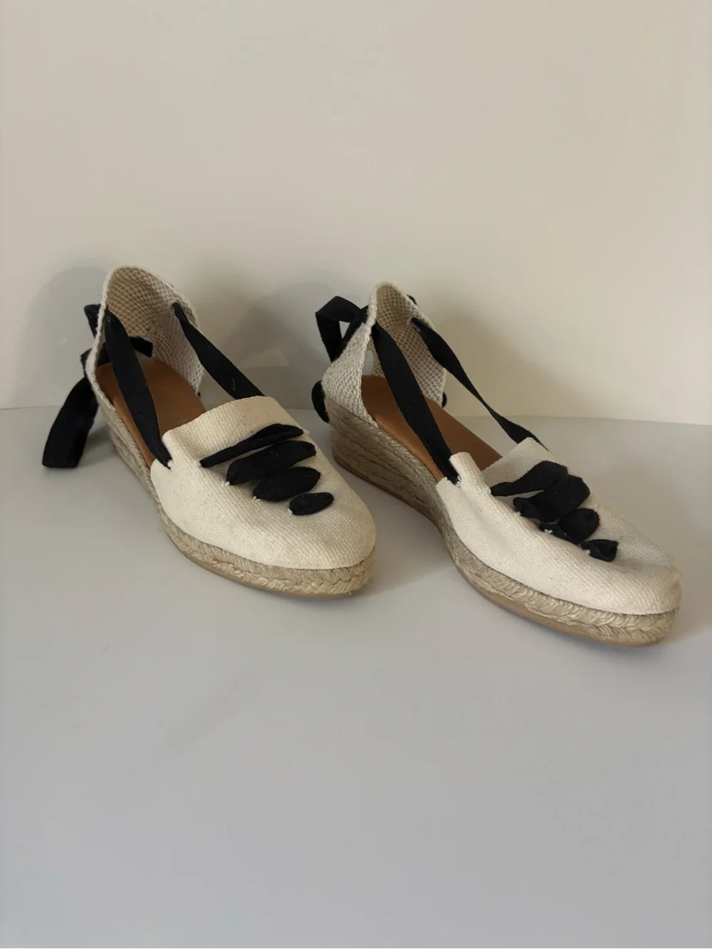Picon Cream Espadrille Wedge Flats with Black Ribbon Detail